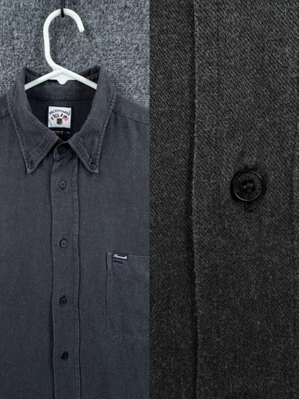 Faconnable Charcoal Flannel Cotton Button-Down Logo XL Gray Mens Pocket Shirt